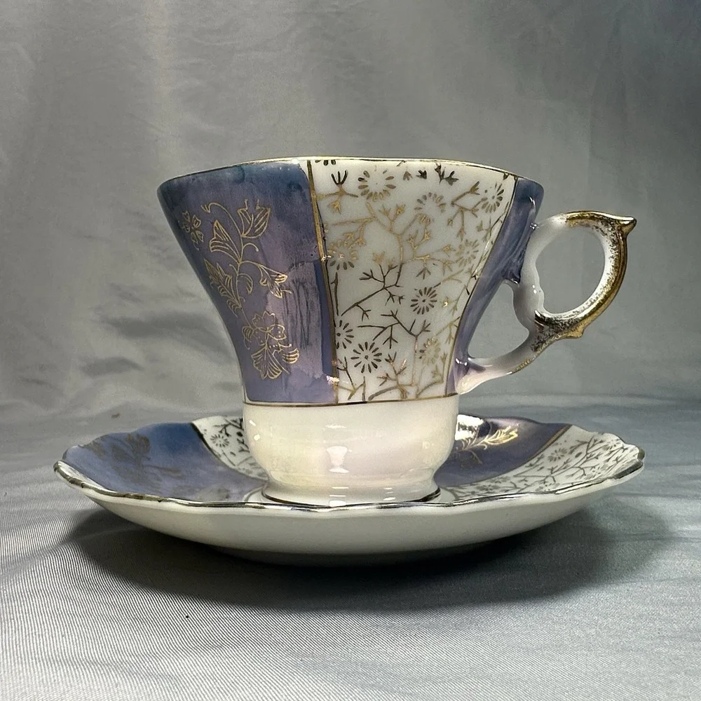 Vintage Lavender Lusterware Tea Cup Saucer Japan Gold Floral Iridescent 1950 Set